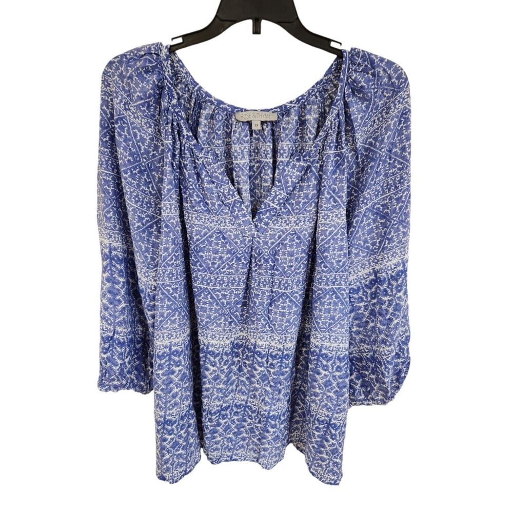 Rose & Thyme Blouse Top Womans Sz 3X V-Neck 3/4 Sleeve Pullover Blue White Print